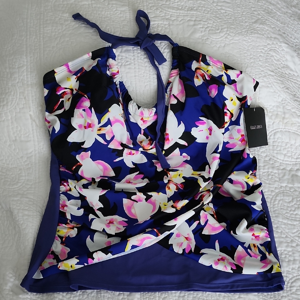 NWT Ellen Tracy Blue and Pink Floral Halter Bathing Suit Top Size 14